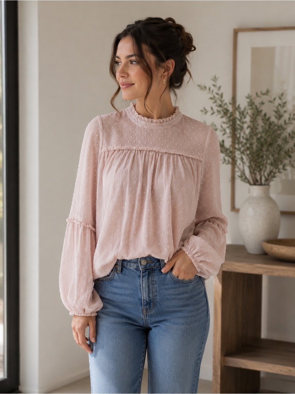 Soft Pink Swiss Dot High-Neck Blouse
